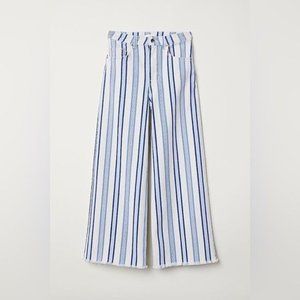 H&M Wide Leg High waist Frayed Ankle Jeans in Blue White Stripe Sz XS LIKE NEW